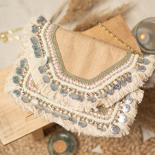 Boho Chic Clutch with sequins burlap and fringe by Lula Natura spain