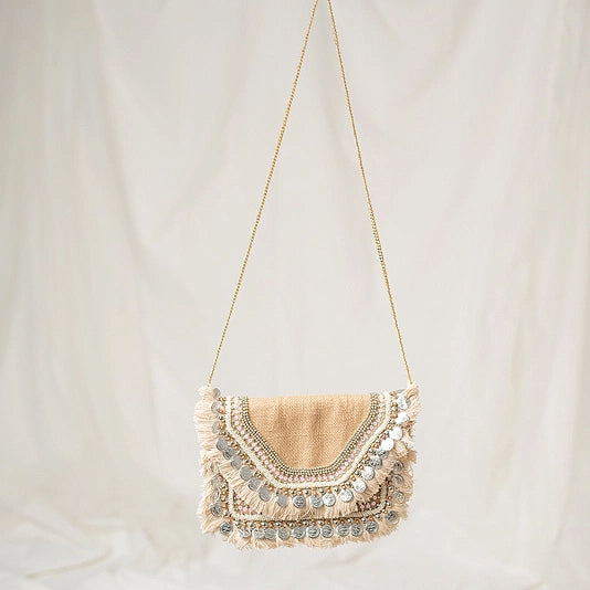 Boho Chic Clutch with sequins burlap and fringe by Lula Natura spain