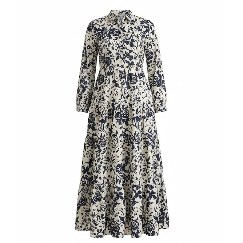 MARBELLA FLORAL NAVY AND ECRU COTTON LONG DRESS BY CHOKLATE PARIS