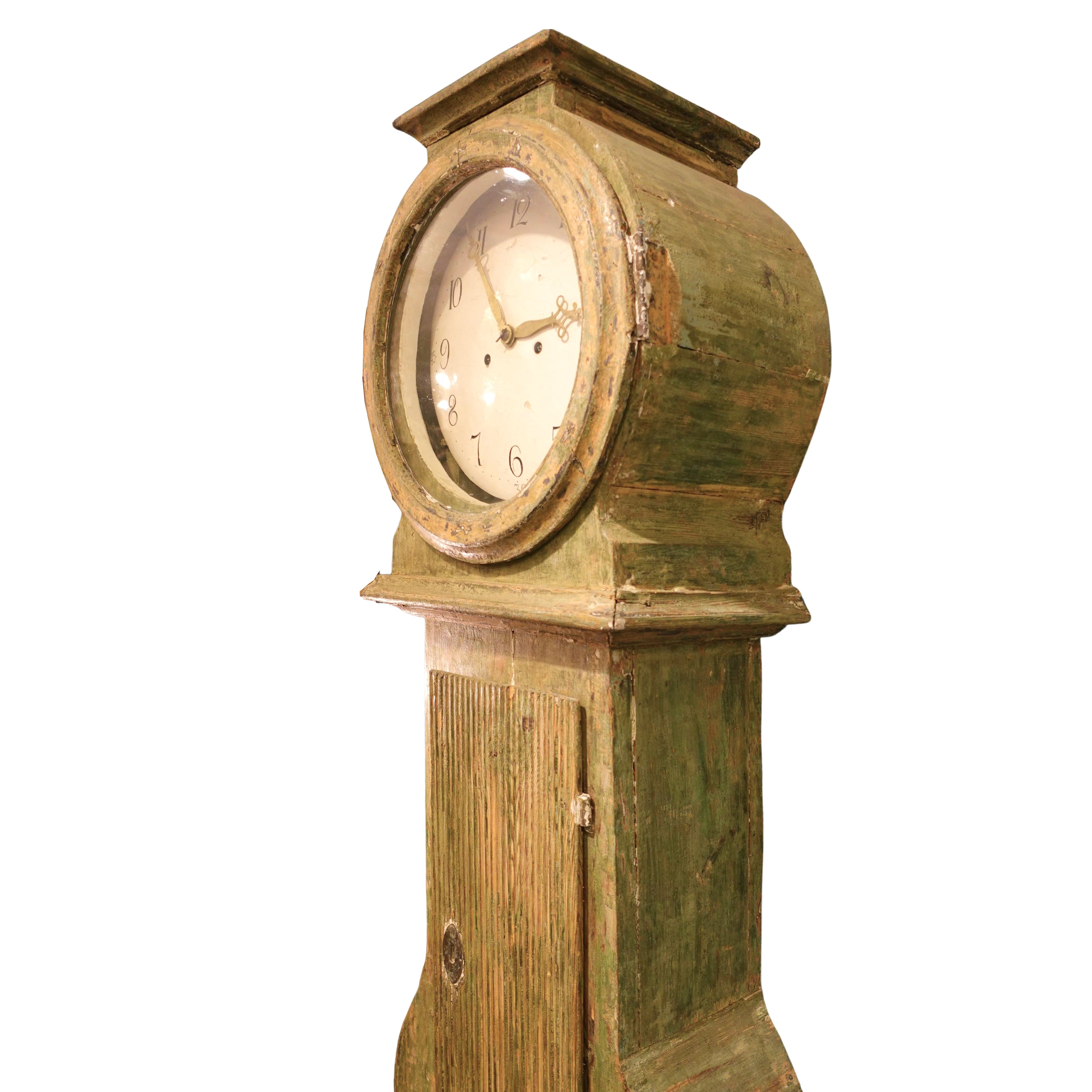 Slim profile of authentic Swedish Mora floor clock for luxury interior design sourcing