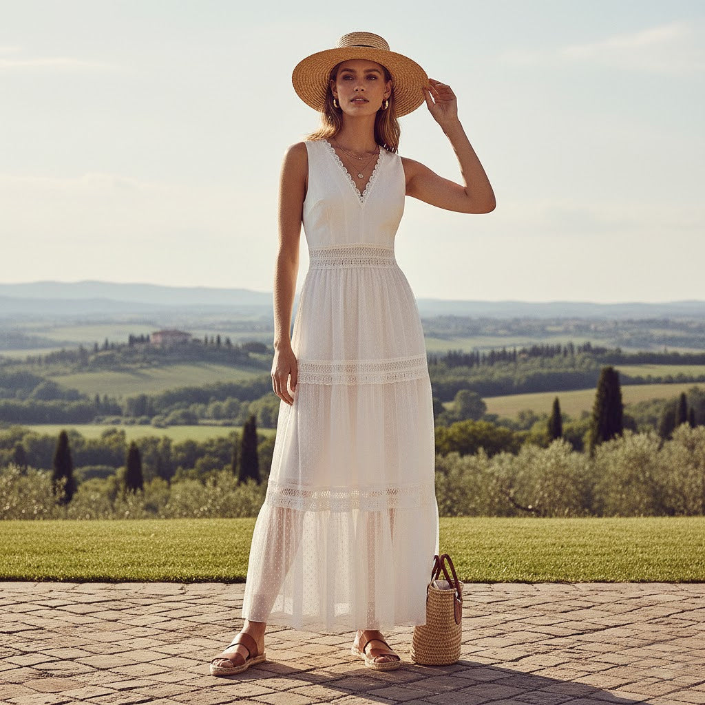 Le Historique aesthetic lifestyle photography: Model in a sleeveless white lace tiered dress posing in a golden hour outdoor setting with Mediterranean architecture in the distance
