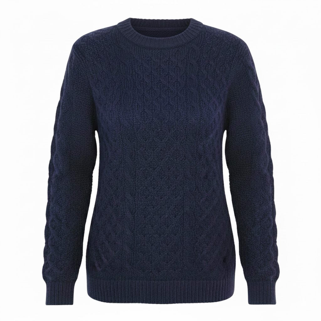 Front view of the Inisheer Traditional Ladies Aran Sweater in navy blue, featuring authentic honeycomb and cable knit patterns in 100% sustainable Merino wool.