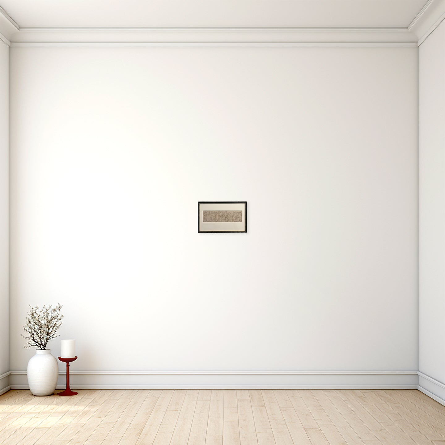 Minimalist interior with a white wall, wooden floor, and decorative items.