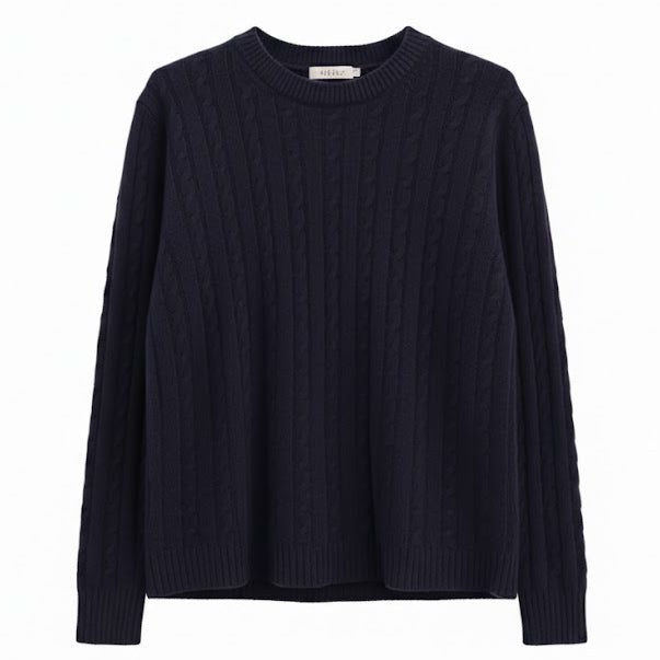 Premium navy blue pure cotton classic cable knit crew neck sweater