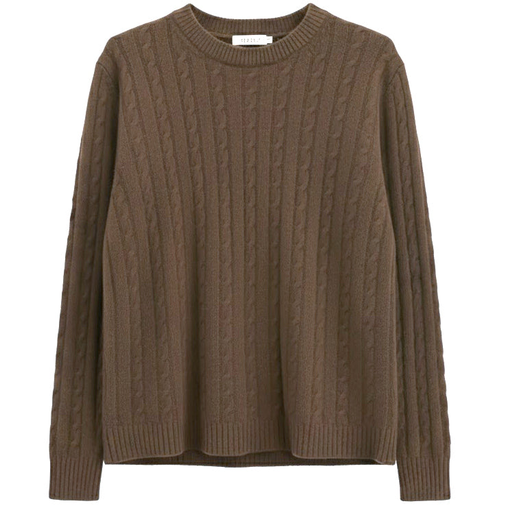 Taupe color extra fine Merino wool cable knit crew neck sweater