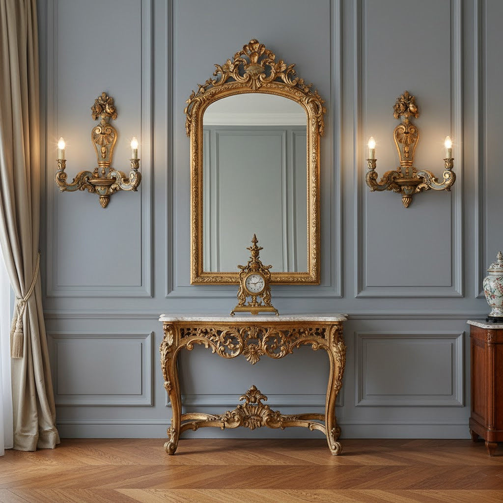 Decorative gold mirror and console table against a gray paneled wall with sconces.