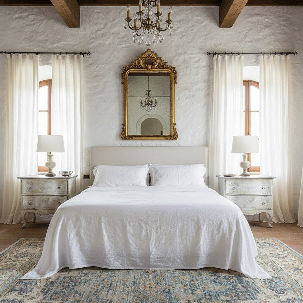 Pair of 18th-Century Serpentine Bedside Commodes in a white washed antique inspired bedroom