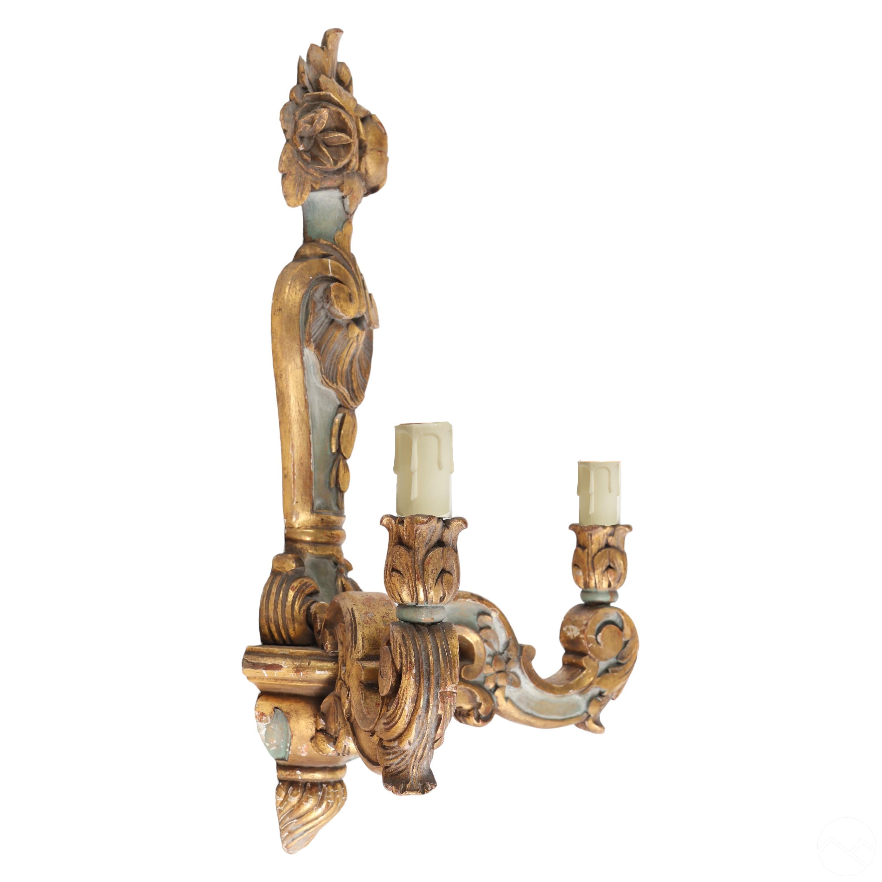 Polychrome And Giltwood Antique Florentine Baroque Style Two-Light Sconce