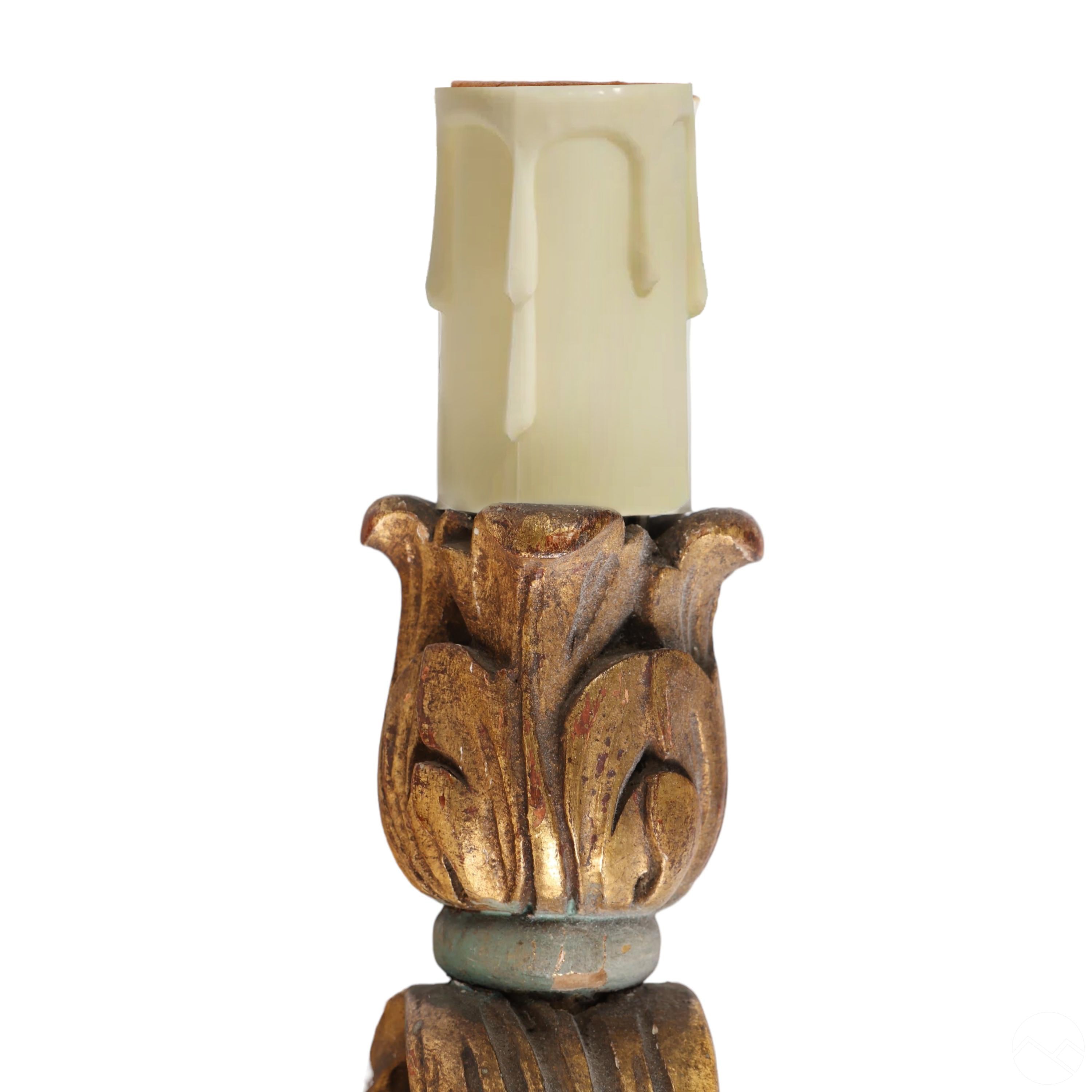 Detail close-up of a Polychrome And Giltwood Antique Florentine Baroque Style Two-Light Sconce