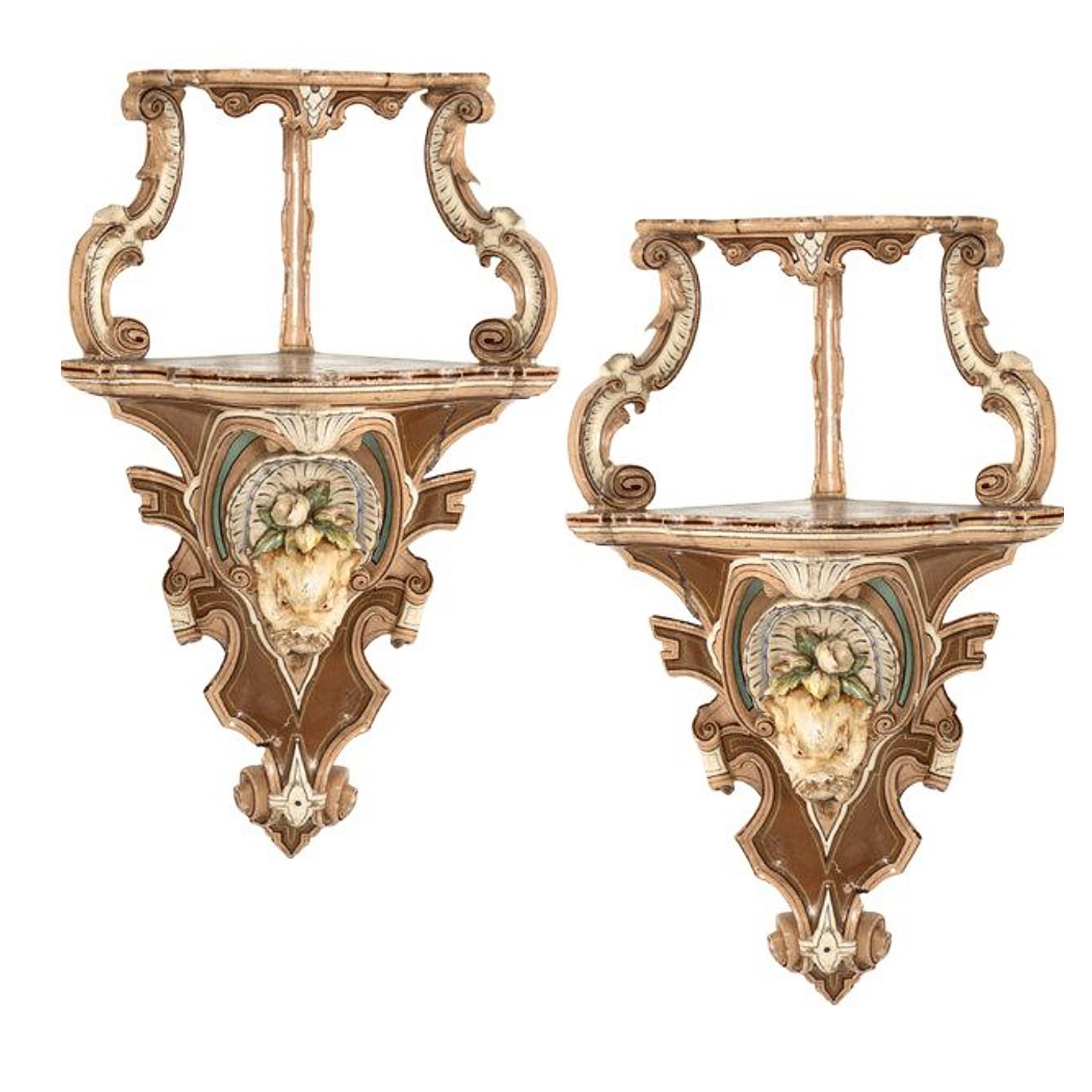 Le Historique Pair of Monumental 18th Century Rococo Corner Wall Brackets with Carved Mascarons