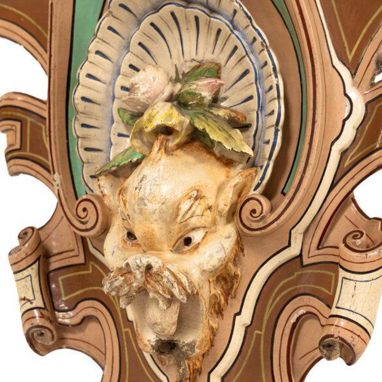 Close-up of Hand-Carved Mascaron Face Detail 18th Century French Rococo Woodwork