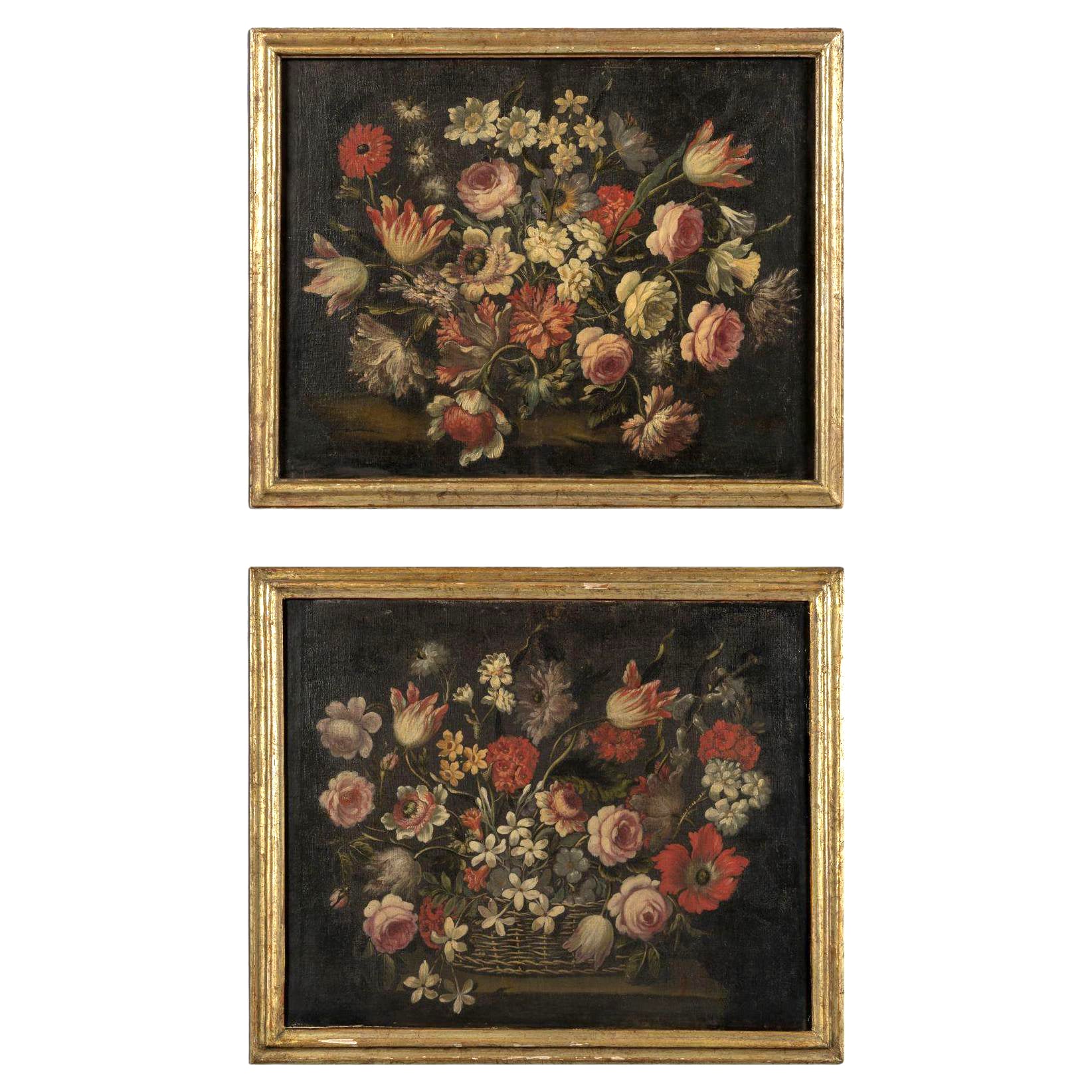 A BEAUTIFULLY AGED PAIR OF 17TH CENTURY BAROQUE ITALIAN FLORAL STILL L