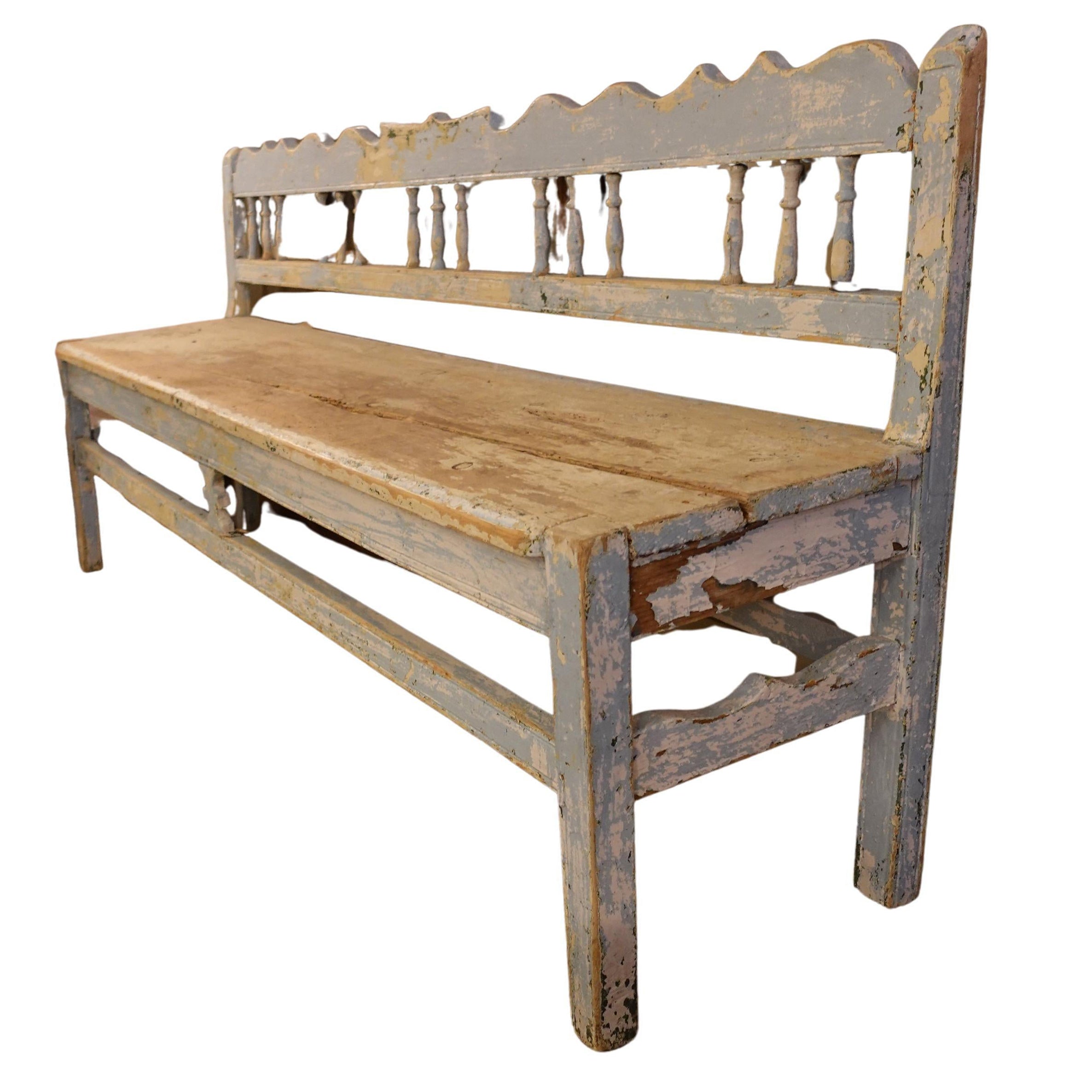 Antique Swedish settee showing aged wood patina and heritage construction, ideal for French Country or Transitional Classic home decor.