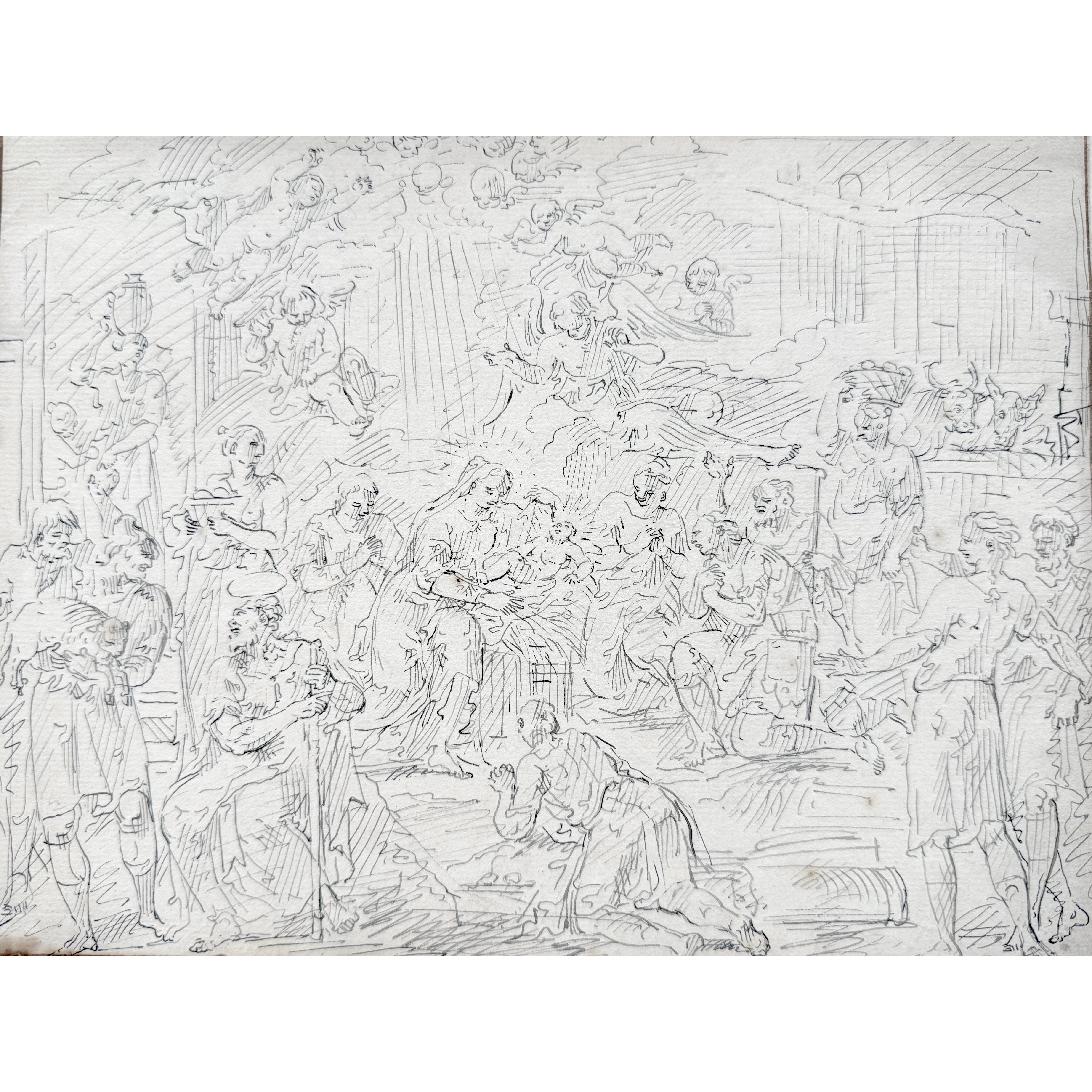 Original 18th-century drawing of the Adoration of the Shepherds by Francois Boitard