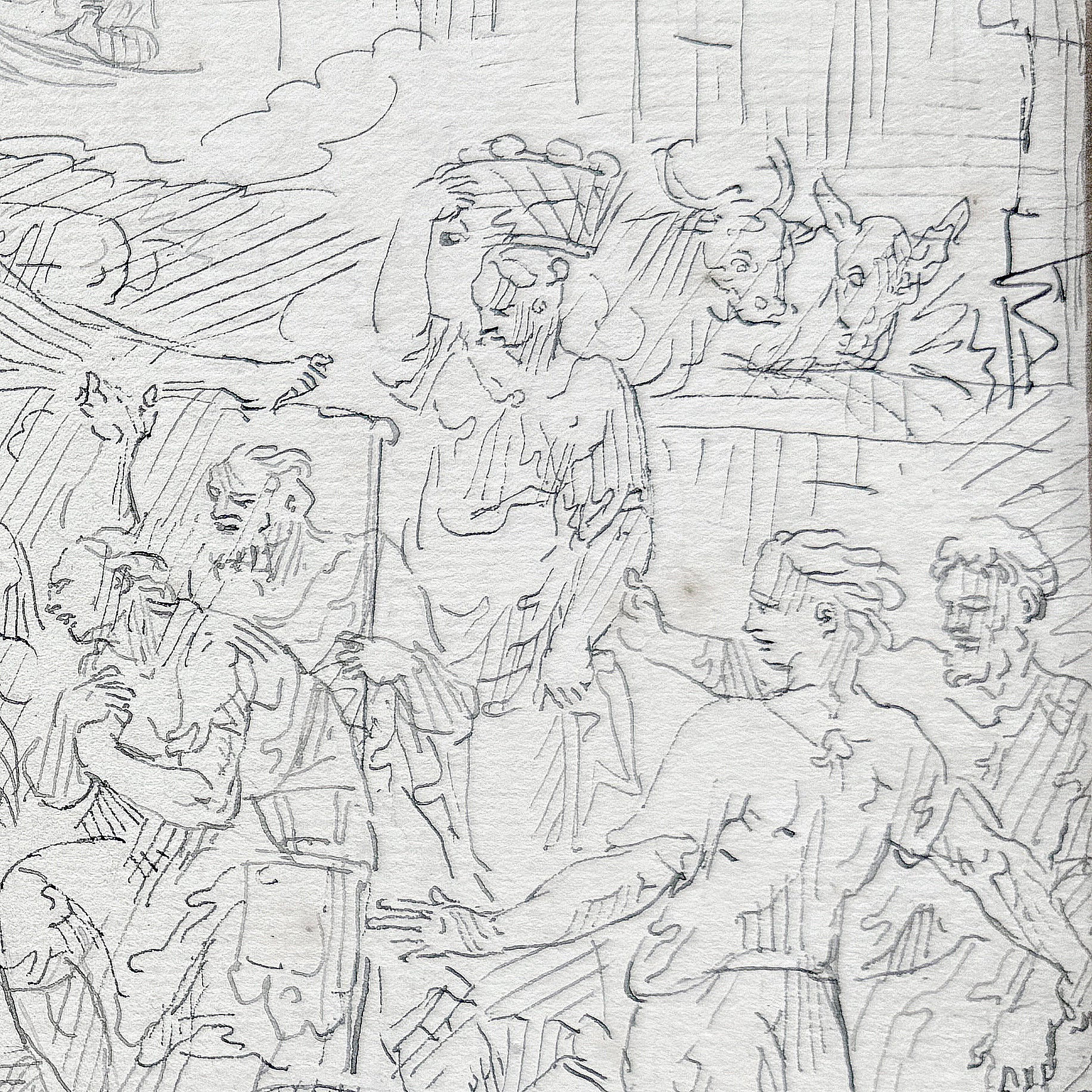Close-up of an original 18th-century drawing of the Adoration of the Shepherds by Francois Boitard