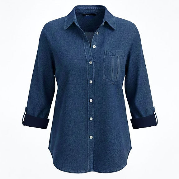 A 100 percent Pima cotton denim long-sleeve button-down shirt displaying sophisticated elegance