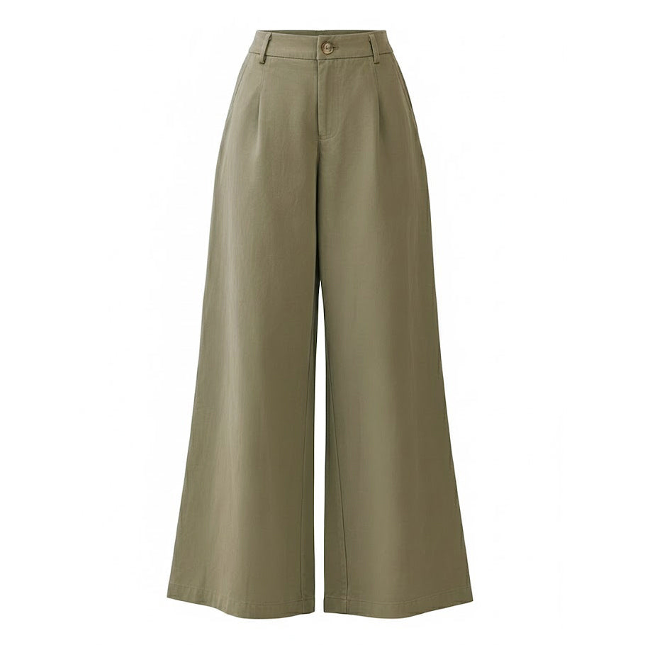 Front view of olive green high-waisted wide-leg trousers in premium 100% cotton twill with front pleats.