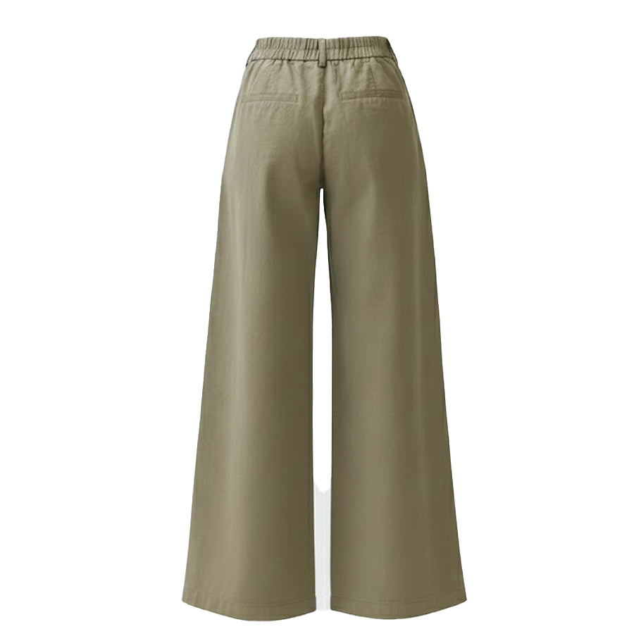 Back view of olive wide-leg trousers showing the elasticated waistband detail and clean, well-constructed heritage silhouette.