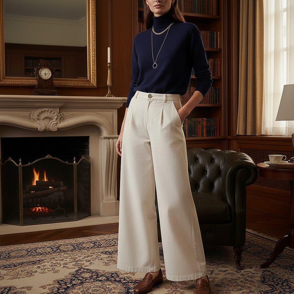 Sophisticated woman wearing off-white wide-leg cotton slacks with a navy turtleneck in a classic library setting, showcasing a timeless academic and romantic fashion style.