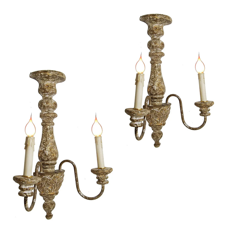 Provence Home Pair of distressed antique wood carved two candle wall sconces
