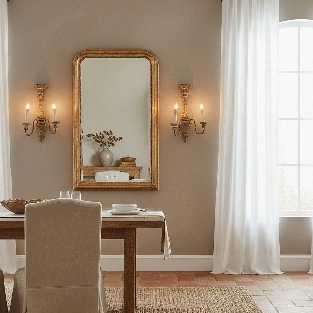 Provence Home Pair of distressed antique wood carved two candle wall sconces set in an elegant contemporary dining room flanking a giltwood mirror.