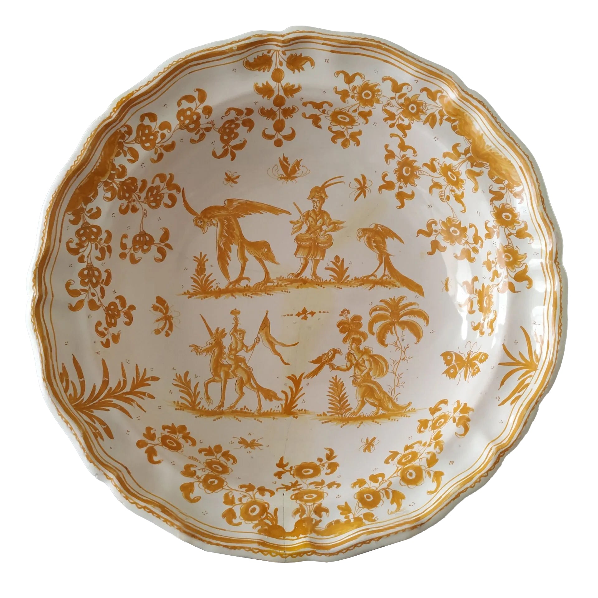 Rare 18th-century French Moustiers Faience earthenware deep plate featuring yellow monochrome ochre grotesque decoration in the style of Jacques Callot, curated by Le Historique.