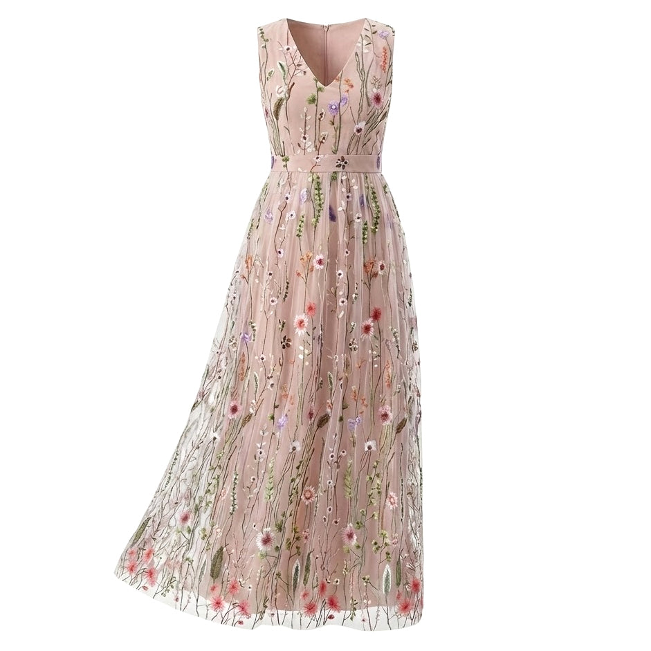 nude embroidered maxi dress A Blooming Moment Nude Floral Embroidered Strapless Maxi Dress, Nude S