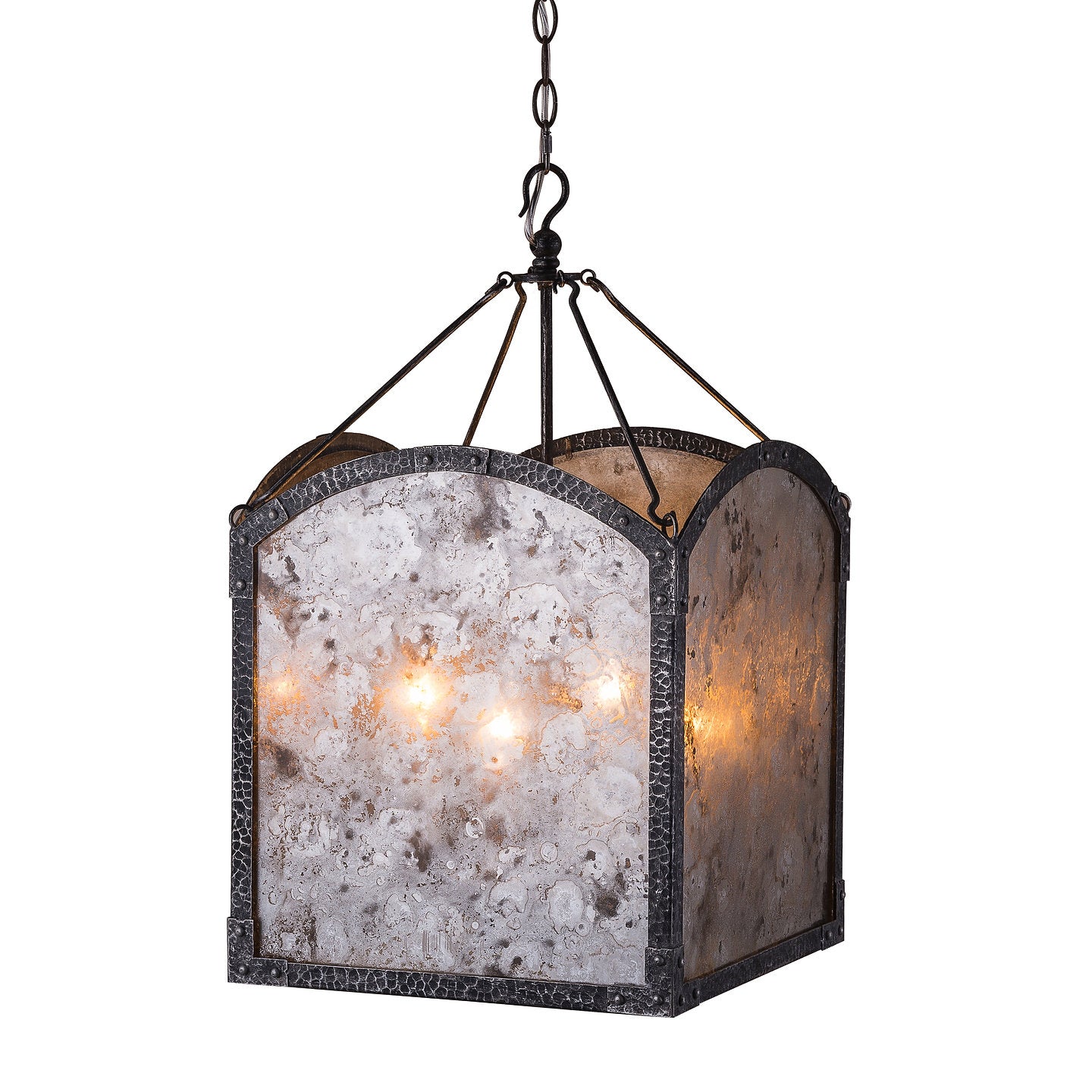 Romola Chandelier by Terracotta Designs with hammered iron and smoked antiqued mirror glass against a white background.