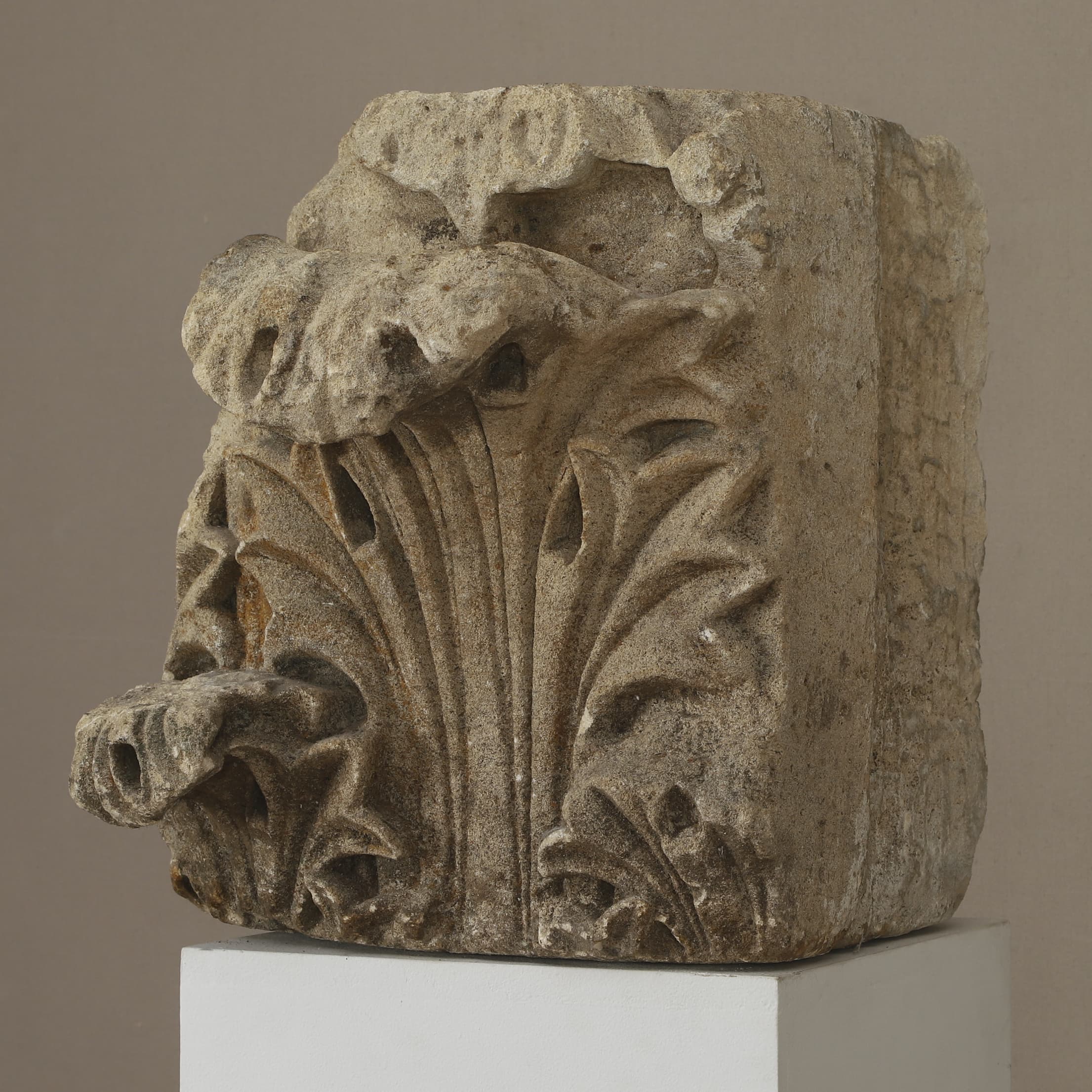 Antique 13th century French Gothic carved limestone capital fragment from Rouen curated by Le Historique