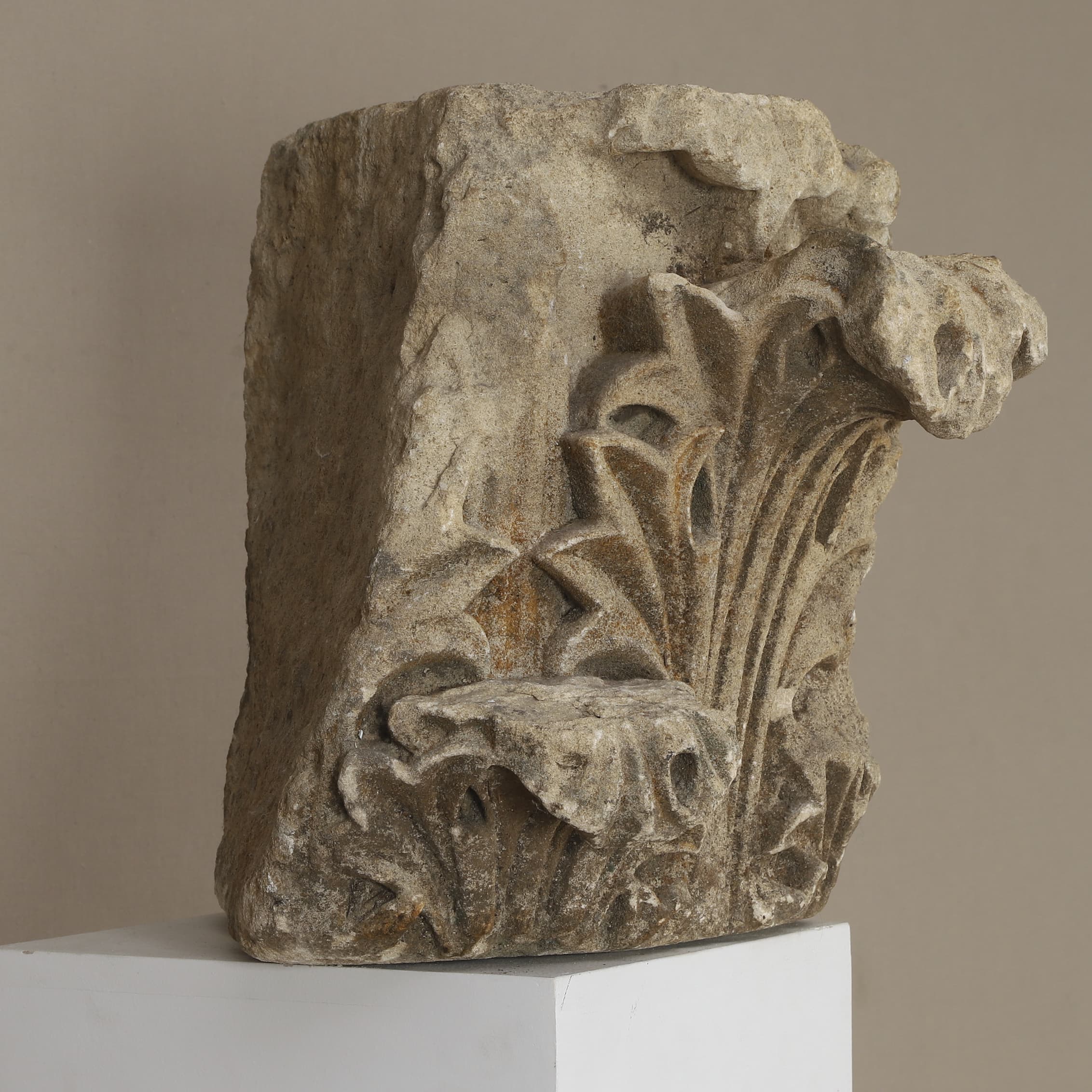 Antique 13th century French Gothic carved limestone capital fragment from Rouen curated by Le Historique