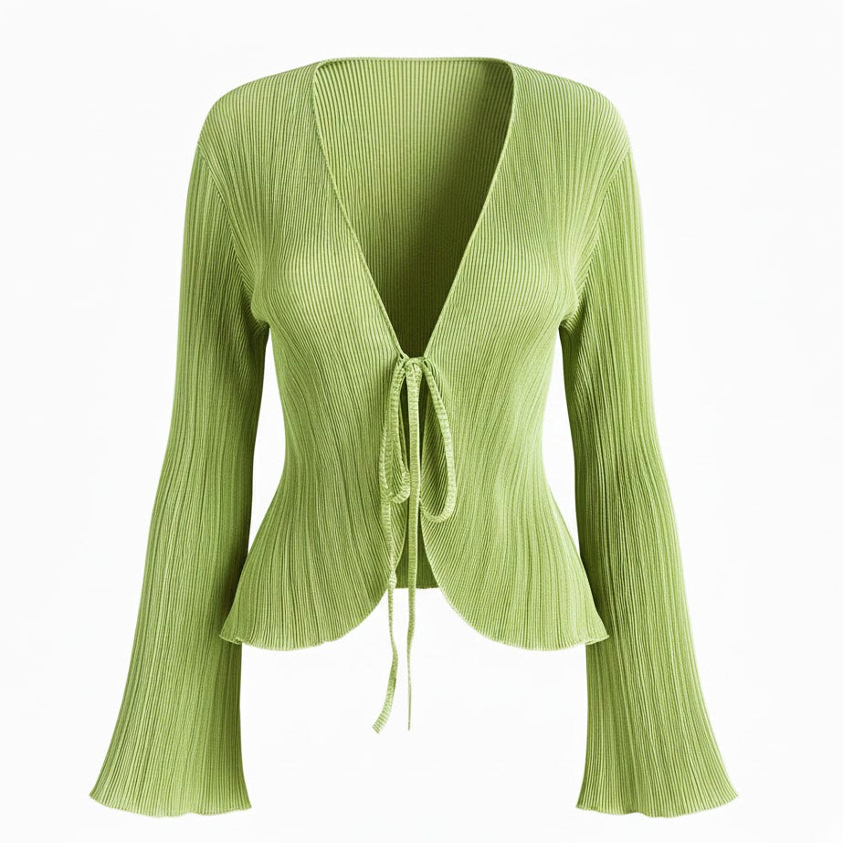 High-quality women's heritage fashion: an ethereal light green flared-sleeve top shown in a 3D product pose, emphasizing the airy texture and refined romantic silhouette.