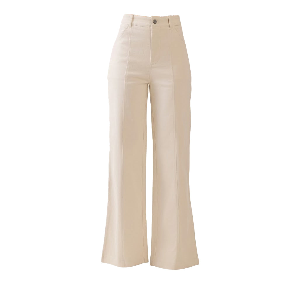 Front view of tailored ecru straight-fit cotton slacks for women featuring a high-rise waist and architectural front seam detailing in a heritage-inspired cream hue.