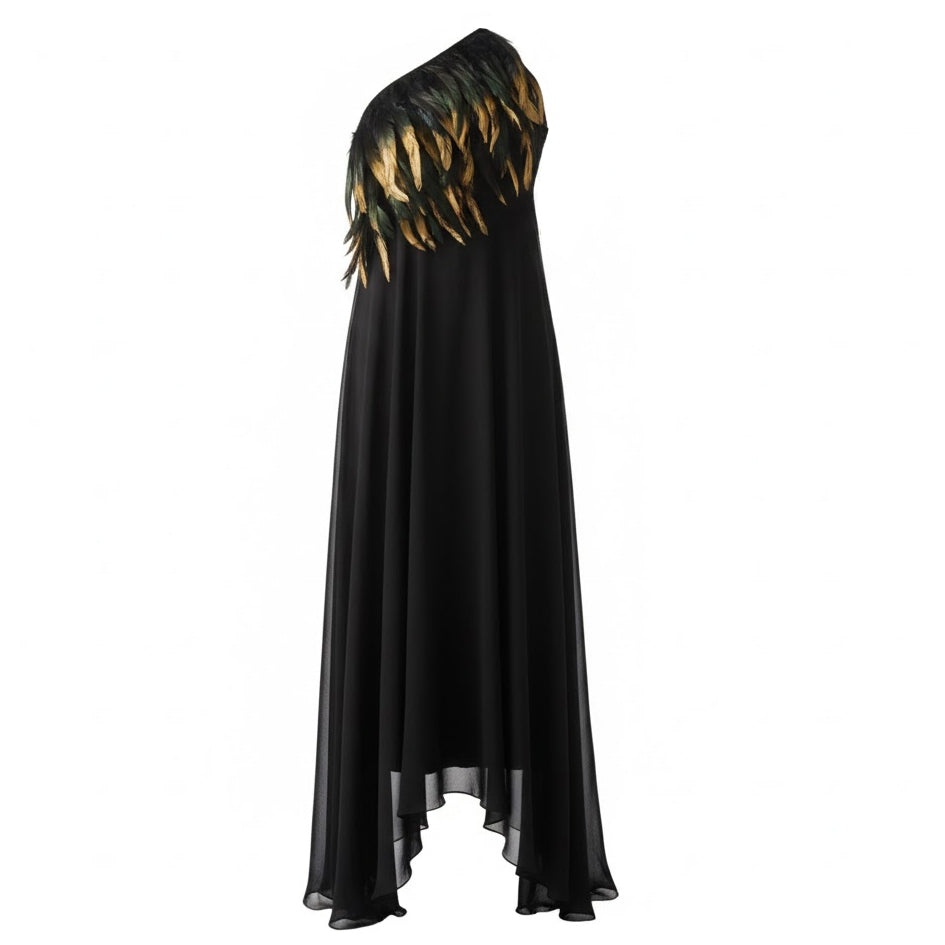 ELEGANT Black LONG DRESS WITH PAINTED FEATHER NECKLINE BY T.BA ELEGANT Black LONG DRESS WITH PAINTED FEATHER NECKLINE BY T.BA