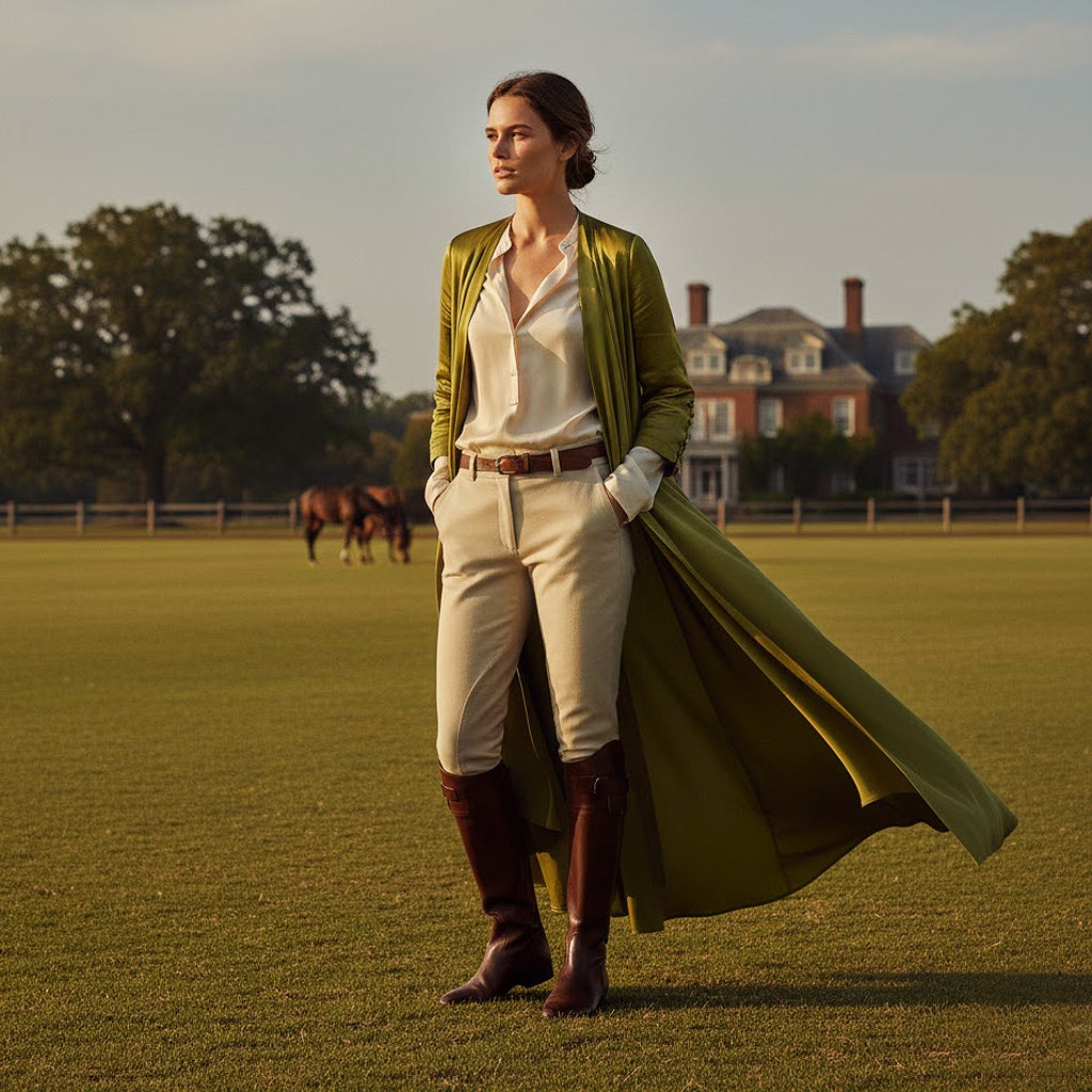 Woman in equestrian attire standing on a grassy field with a house and horses in the background.