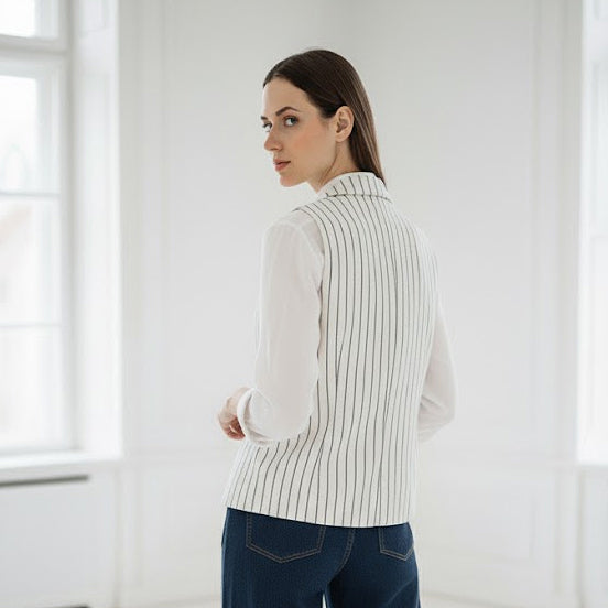 Woman wearing a white shirt with a striped vest in a bright room.