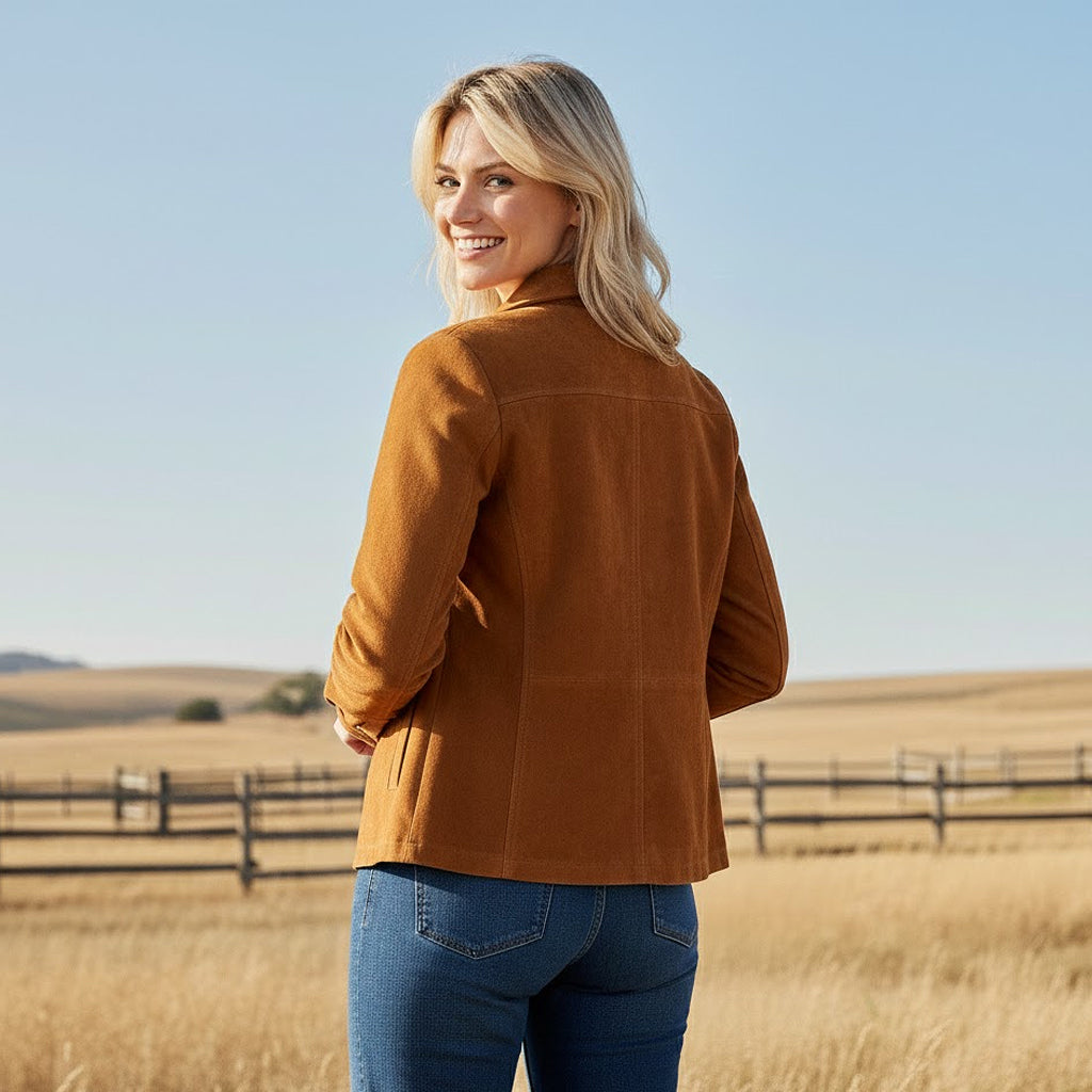 Woman wearing a brown suede jacket and blue jeans standing in a field with a clear sky.