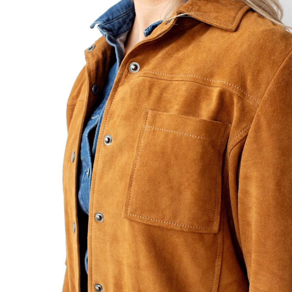 WOMENS DAKOTA DESIGN SUEDE LEATHER SHIRT JACKET IN COGNAC BY AMSTERDAM HERITAGE