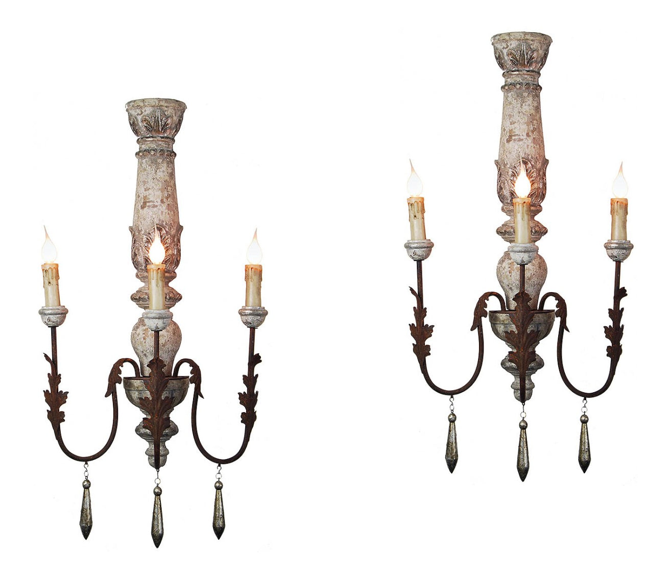Provence Home Pair of Distressed silver and gray antiqued 3-light wall sconces with acanthi motifs.