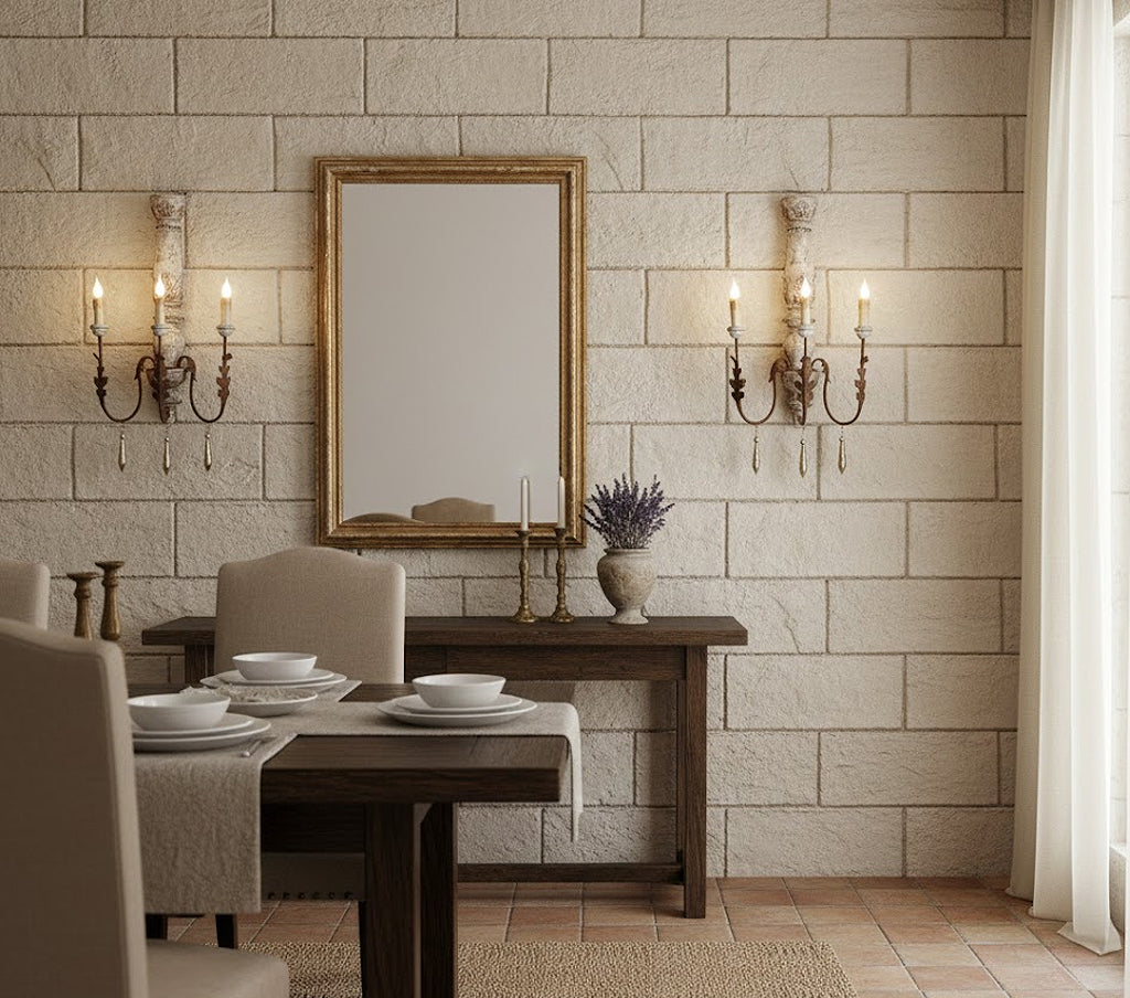 Provence Home Pair of Distressed silver and gray antiqued 3-light wall sconces with acanthi motifs set in a rustic French dining room with dark stained oak furnishings.