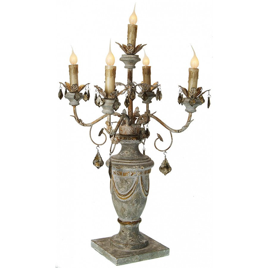 Provence Home Hand carved antique reproduction o fa 5-light Candelabra Table Lamp in the manner of a Classical Urn with a Distressed Finish.