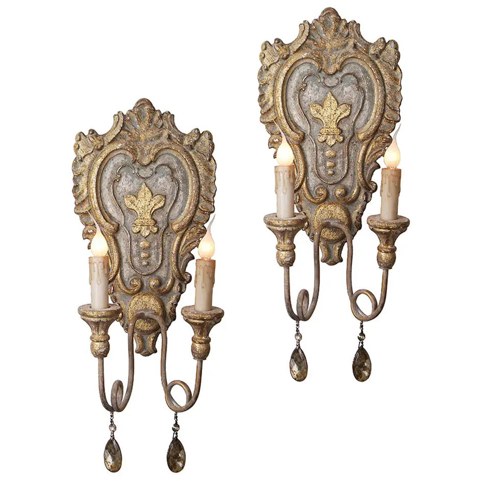 Provence Home Pair of Traditional Style Antique Reproduction Fleur-de-Lys Motif Sconces