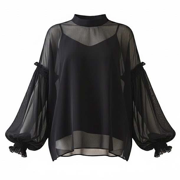 Product photo of a black sheer chiffon blouse with balloon sleeves and smocked cuffs on a white background