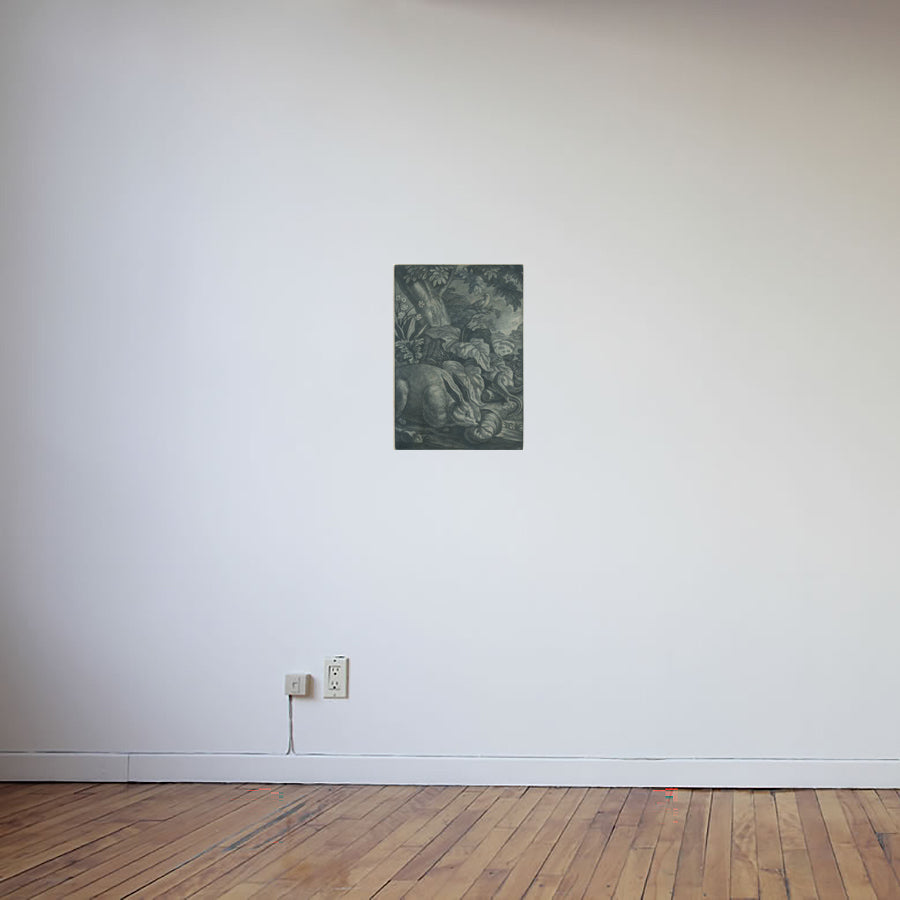 Early 18th century Mezzotint of a nature scene with a rabbit lizard bird and butterfly