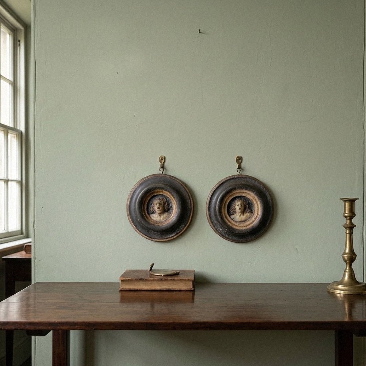 Two round wall hangings with portraits on a green wall above a wooden table.