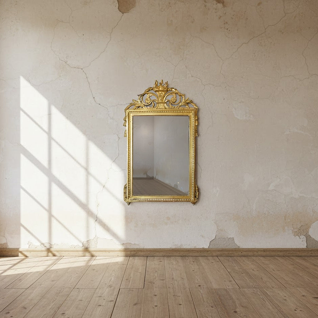 Gold-framed Swedish Gustavian mirror on a textured wall with sunlight casting shadows on wooden floor
