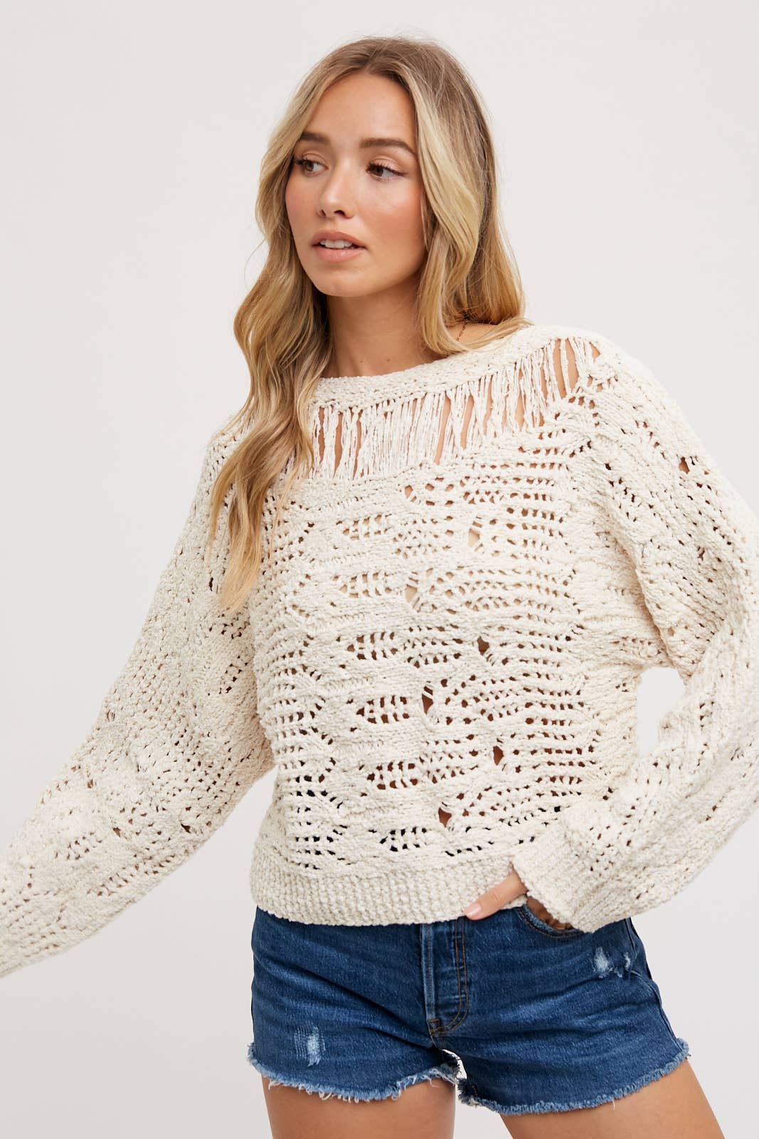 BOAT NECK OPEN KNIT SWEATER PULLOVER IN NATURAL COLOR at a cute boutique in Northern Virginia