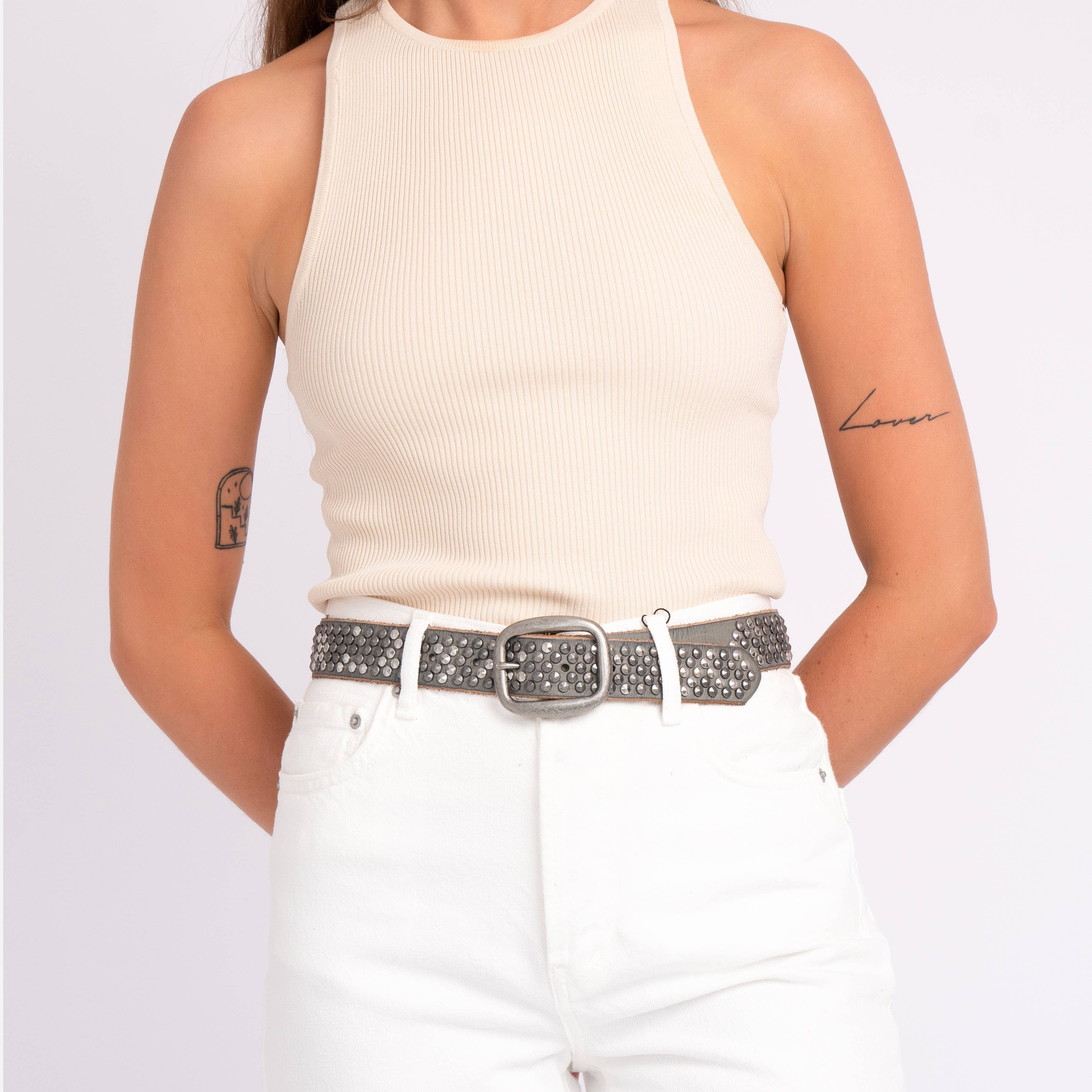 VINTAGE SILVER BUCKLE GREY STUDDED LEATHER BELT - BRITTA STYLE BY AMSTERDAM HERITAGE