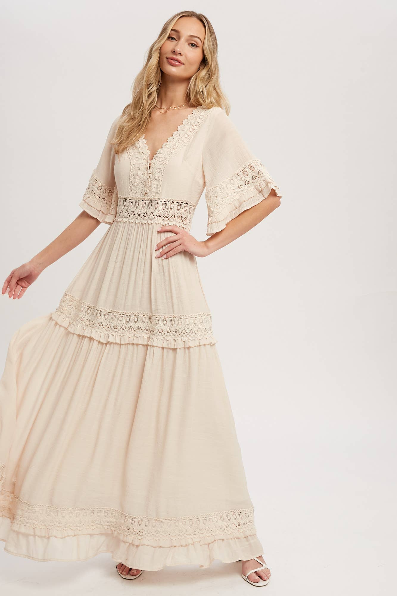 Flowing ethereal dreamy ELEGANT CREAM COLORED V-NECK LACE TRIM MAXI DRESS BY BLUIVY