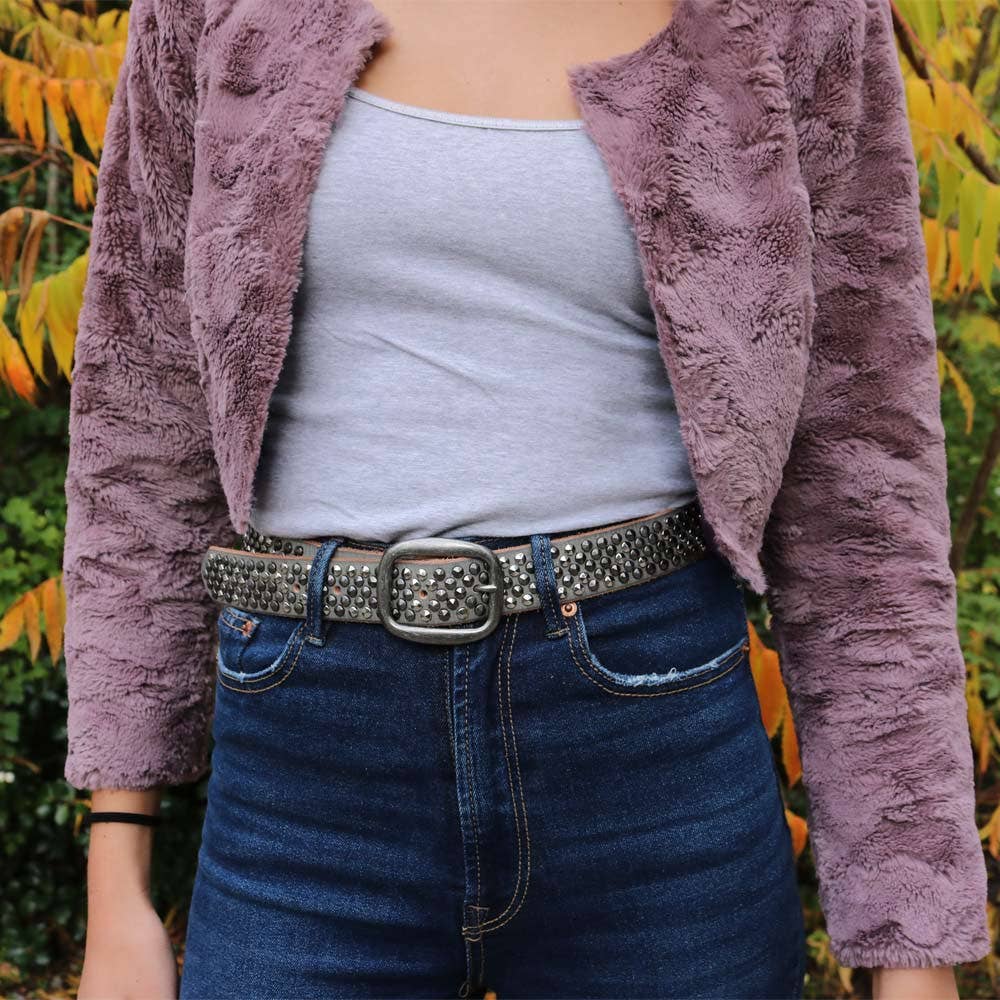 VINTAGE SILVER BUCKLE GREY STUDDED LEATHER BELT - BRITTA STYLE BY AMSTERDAM HERITAGE