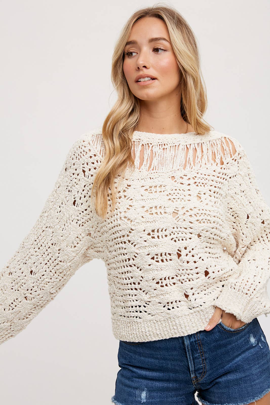 BOAT NECK OPEN KNIT SWEATER PULLOVER IN NATURAL COLOR at a cute boutique in Northern Virginia
